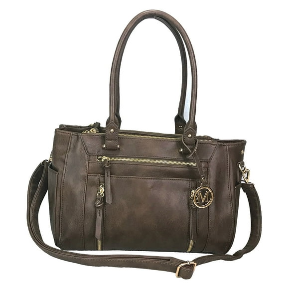 ZzFab Multi Zippers Fashion Locking Faux Leather Purse Tote Bag Coffee