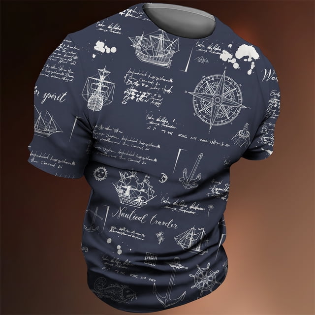 Mode Été Rétro T-Shirts Graphiques Boussole Nouveaux Hommes Personnalité Lettres Anglaises Imprimées Col Rond Manches Courtes tee Tops