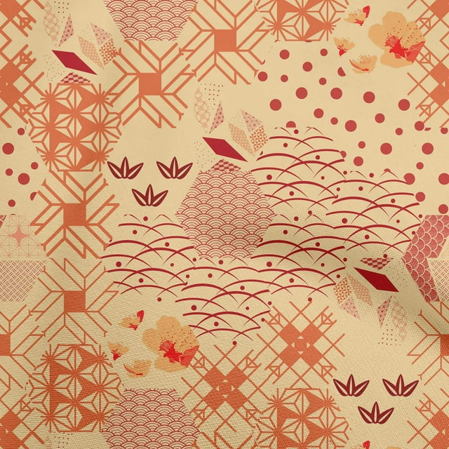oneOone Silk Tabby Orange Fabric Asian Japanese Pattern Dress Material Fabric Print Fabric By The Yard 42 Inch Wide