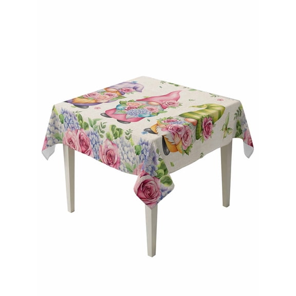 Spring Gnomes Suqare Tablecloth - 54 x 54 Inch, Vintage Botanical Blossom Rose Leaves Waterproof & StainResistant Tablecloth, Washable Oil-proof Table Cover for Dining/Party/Wedding/Camping/Buffet