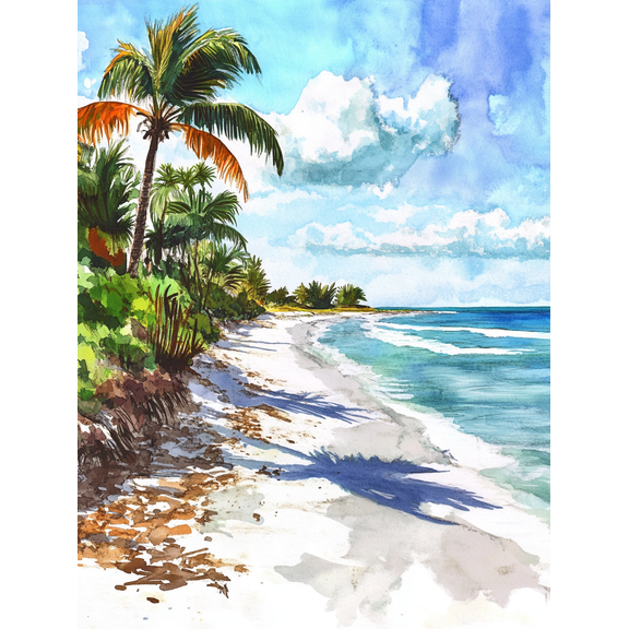 Tropical Beach Watercolor Wall Art/Canvas Print, Suitable for Living Room,Bathroom,and Hotel Decoration.