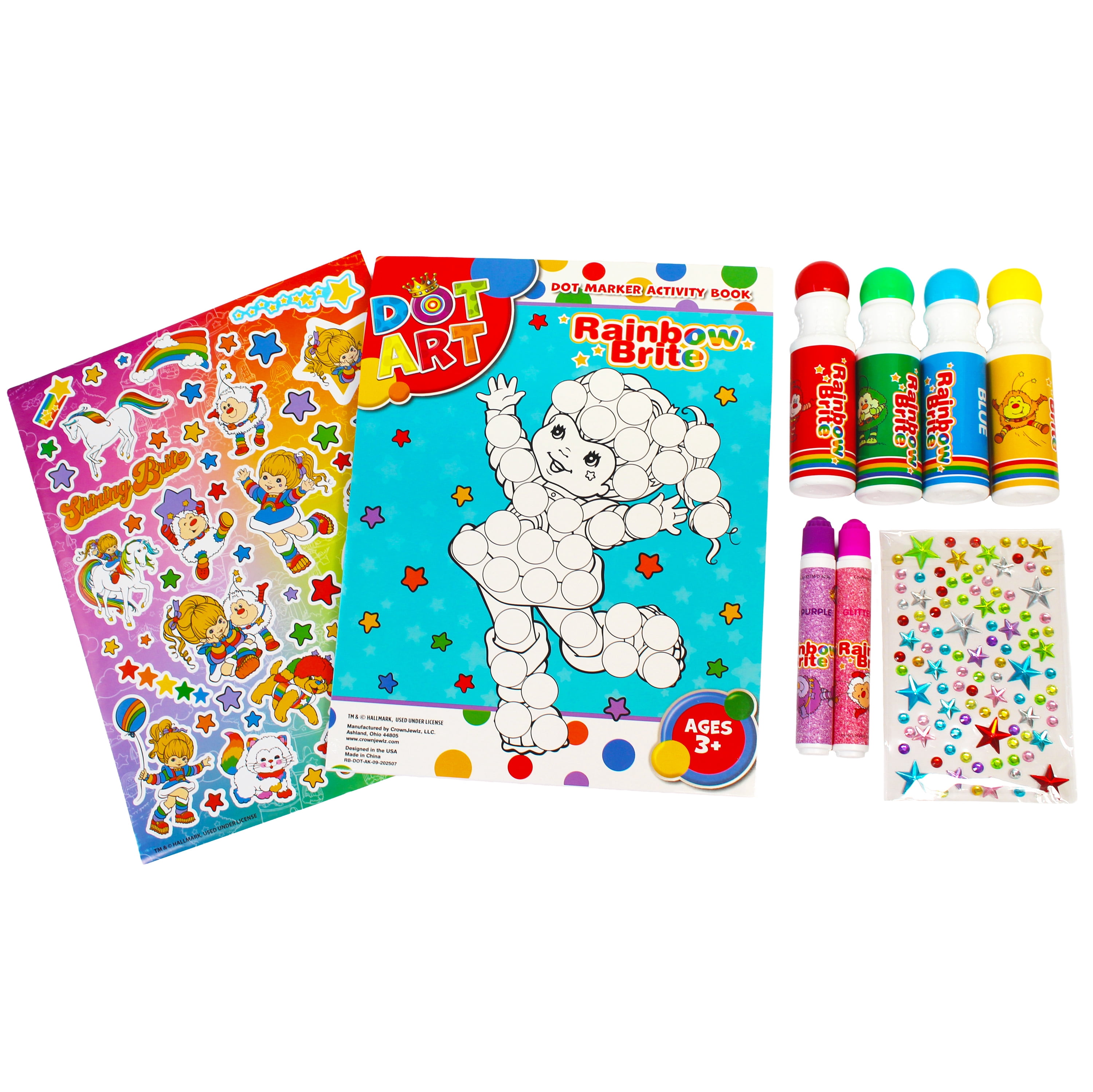 Rainbow Brite Dot Art Activity Kit with 4 Dot Markers, 2 Glitter Markers, Activity Book, Stickers and Gem Stickers, Ages 3+