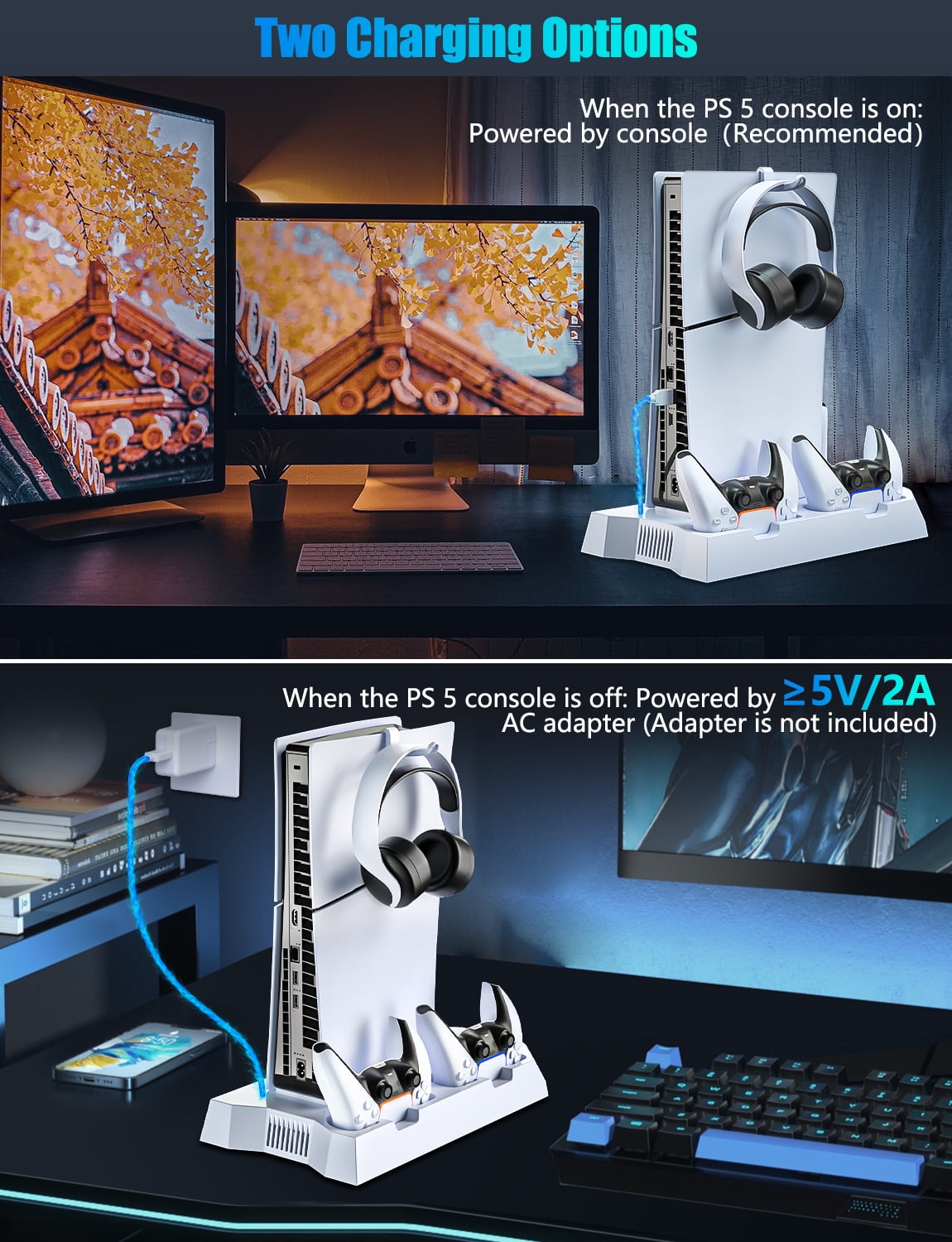 PS5 Stand with Cooling Fan, ZRZLMVP PS5 Cooling Station with Dual Controller Charging Station for PS5 Pro/Slim/Standard Disc/Digital Console - 3 Levels Adjustable Fan/3 USB Hubs，White
