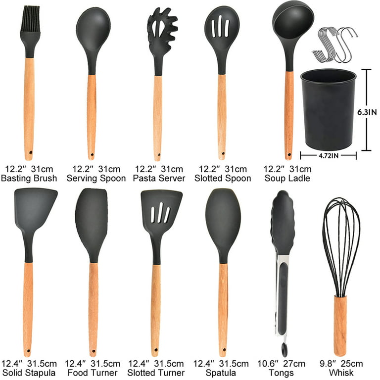 Homikit 27 Pieces Silicone Cooking Utensils Set with Holder, Kitchen Utensil Sets for Nonstick Cookware, Black Kitchen Tools Spatula with Stainless