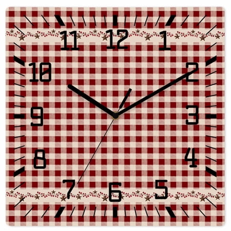 Country Star Plaid Wooden Wall Clock Silent Non Ticking, Retro Red American Farm Barn Berry Square Wall Clocks Battery Operated, Decor Clock for Home Office, Living Room, Kitchen, 10 Inch