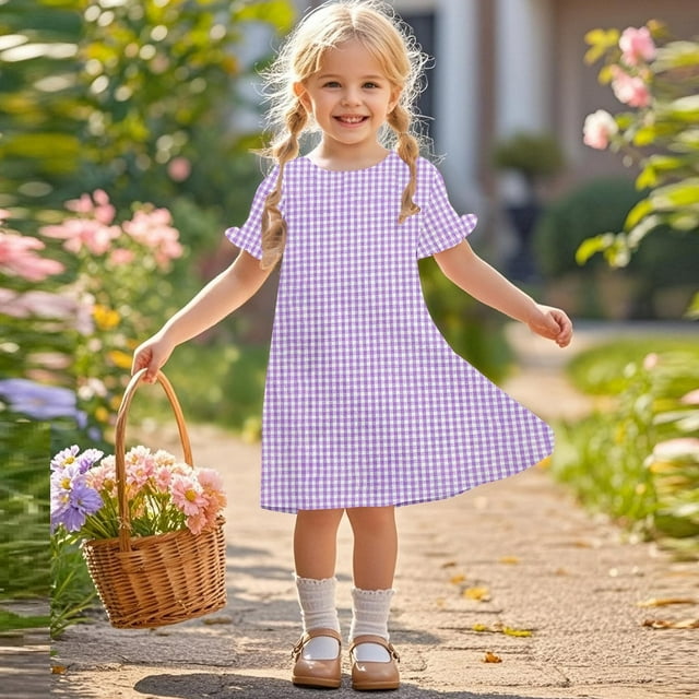 LOVZFMLL Robe à Manches Longues Col Rond Couleur Unie Printemps et Été pour Filles Élégante et Douce Robe à Manches Lanterne pour Filles