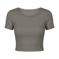 thumbnail image 5 of Naotn Ribbed Crop Tops for Women Summer Casual Solid Color Scalloped Lace Crewneck Short Sleeve Blouses Trendy Holiday Shirts, 5 of 7
