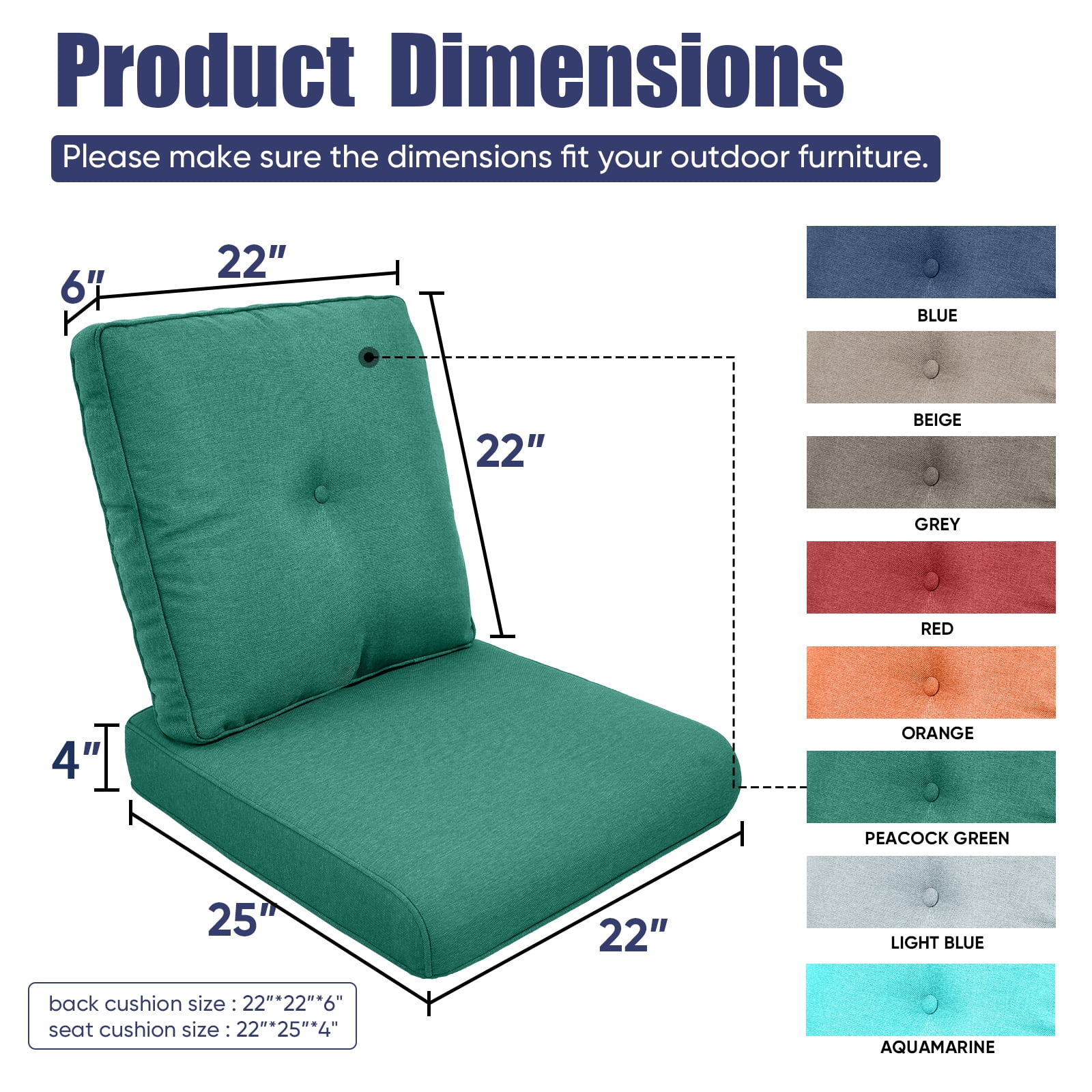 Giantfurnni Cushions for Outdoor Furniture Set 22 x 24,Patio Furniture Cushions Waterproof & Fade Resistant Deep Seat Cushion for Wicker Chair, Sofa, Couch