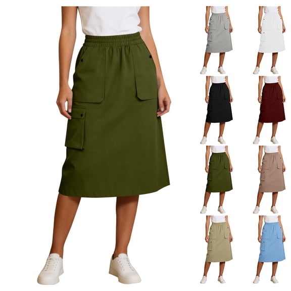 Purcolt Women's Cargo Midi Skirt Elastic High Waist Utility Workwear Skirts with Multi-Pockets Loose A-Line Casual Outdoor