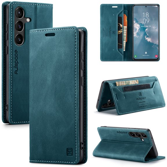 for Samsung Galaxy S25 FE Wallet Case PU Leather Flip Book Style Folio Strong Magnetic Closure RFID Blocking Protective Cover Credit Card Holder Kickstand Function Men Phone Case, Blue