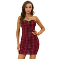 thumbnail image 1 of Unique Bargains Robe Tube Mini à Carreaux Sans Bretelles avec Fermeture Éclair Exposée pour Femme Rouge m, 1 of 5