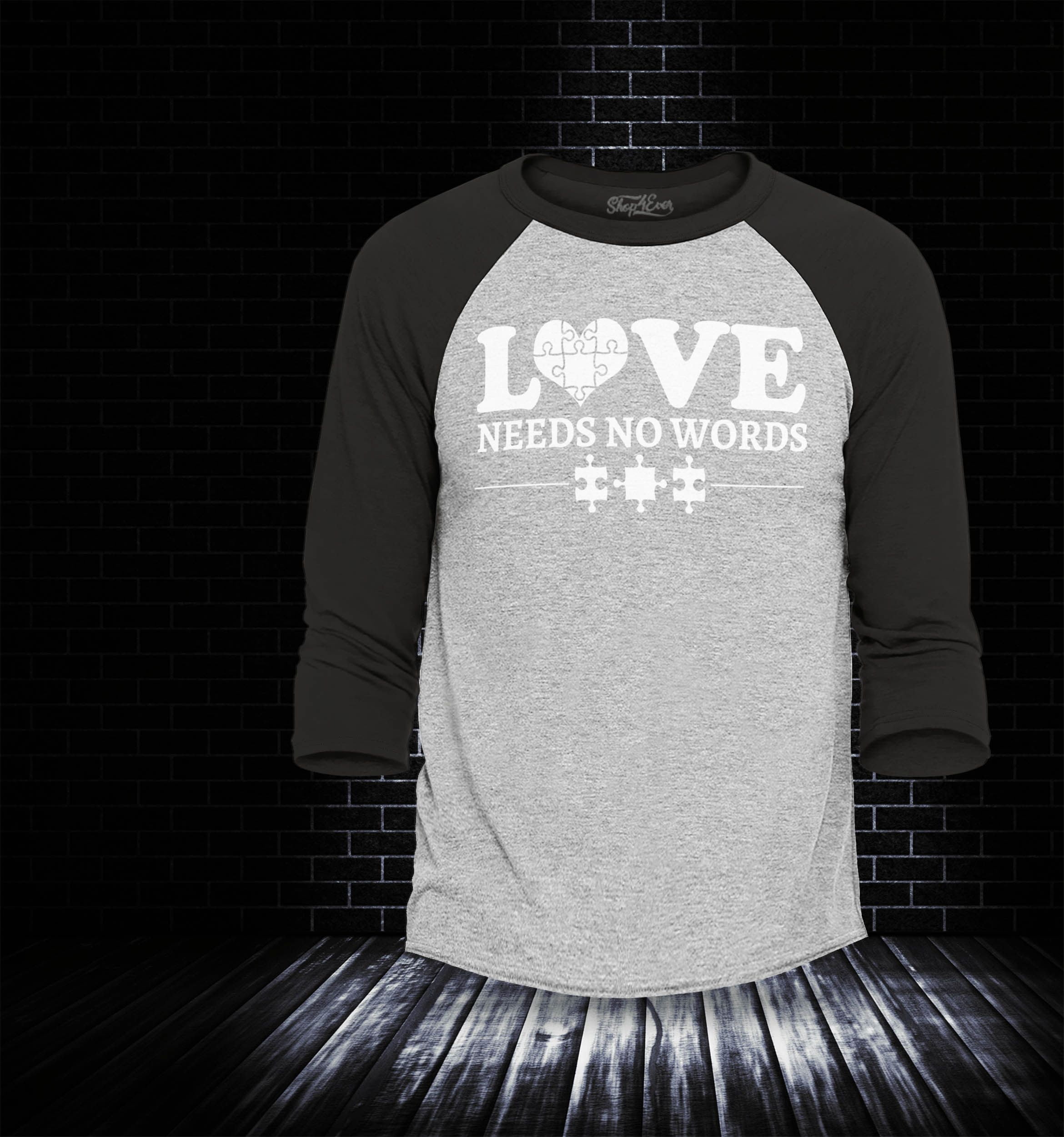 Shop4Ever Men's Love Needs No Words Autism Awareness Raglan Baseball Shirt X-Large Heather Grey/Black