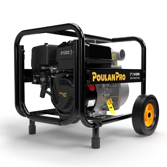 Poulan Pro 2-inch Semi Trash Pump, 6HP 212cc 4-cycle Engine, 141GPM, 100ft Lift, 23ft Suction, Gas Powered Water Pump with Wheels & Handle for Pond, Sewage, and Pool