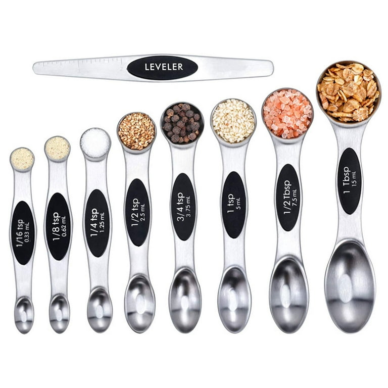  rimaxao [9 Pack] Magnetic Measuring Spoons Set Dual Sided  Measuring Scoop Stainless Steel Measuring Spoons for Dry or Liquid Food,  Silver(9 Pack), MEDIUM: Home & Kitchen