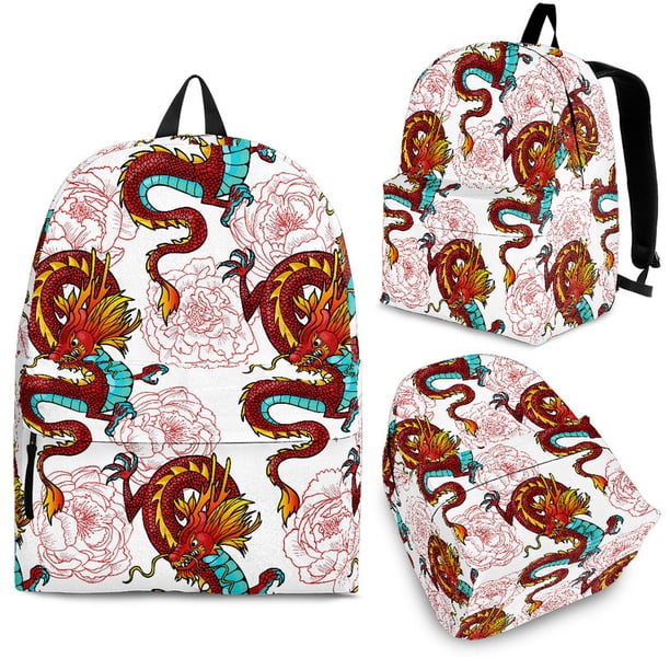 Mochila con estampado de hibisco y dragón rojo