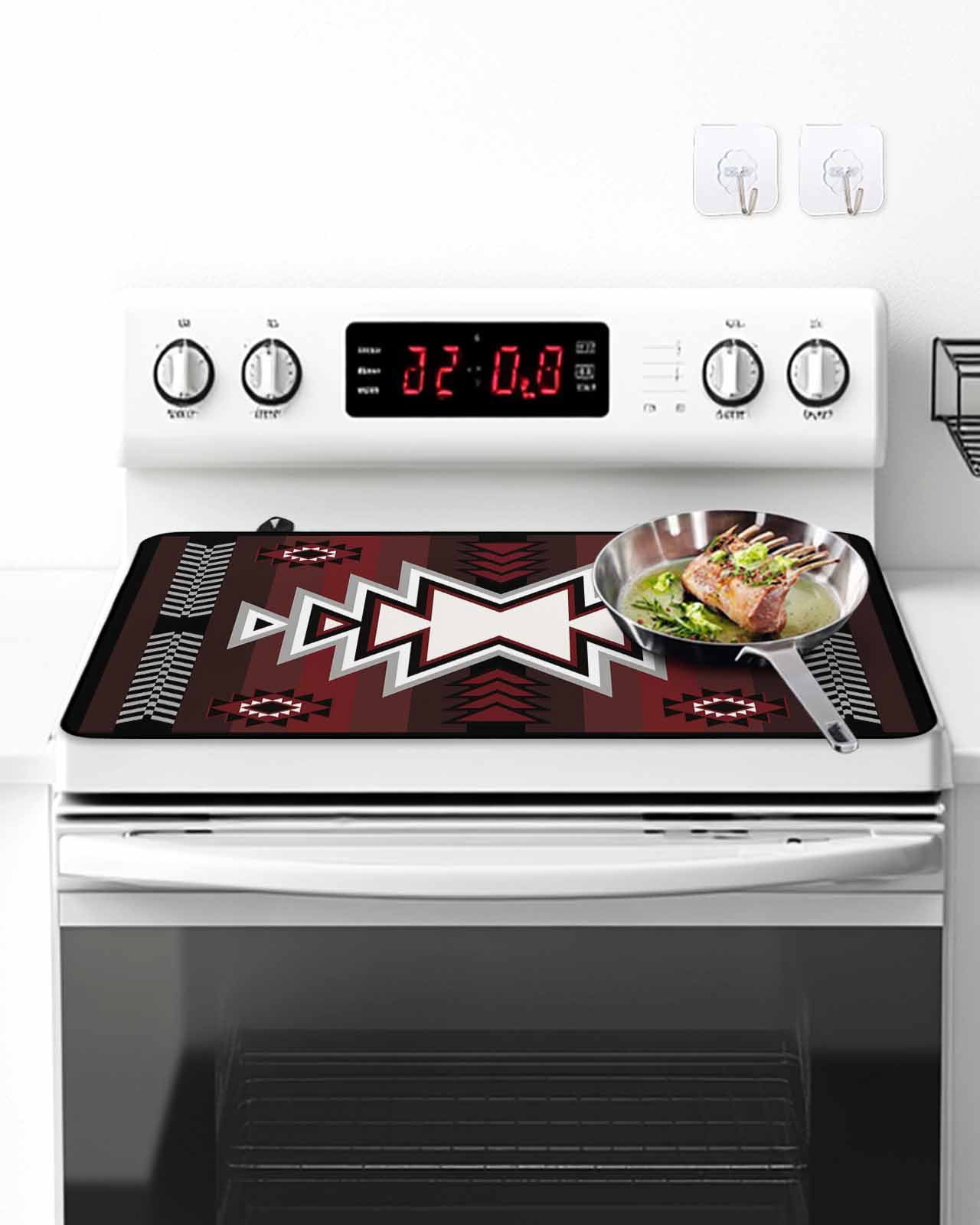 Stove Top Covers for Electric Stove, Red Black Glass Stovetop Cover Protector, Southwest Geometric Aztec Farmhouse Tribal Induction Cooktop Protector Oven Mat for Kitchen Countertop 36"x21"