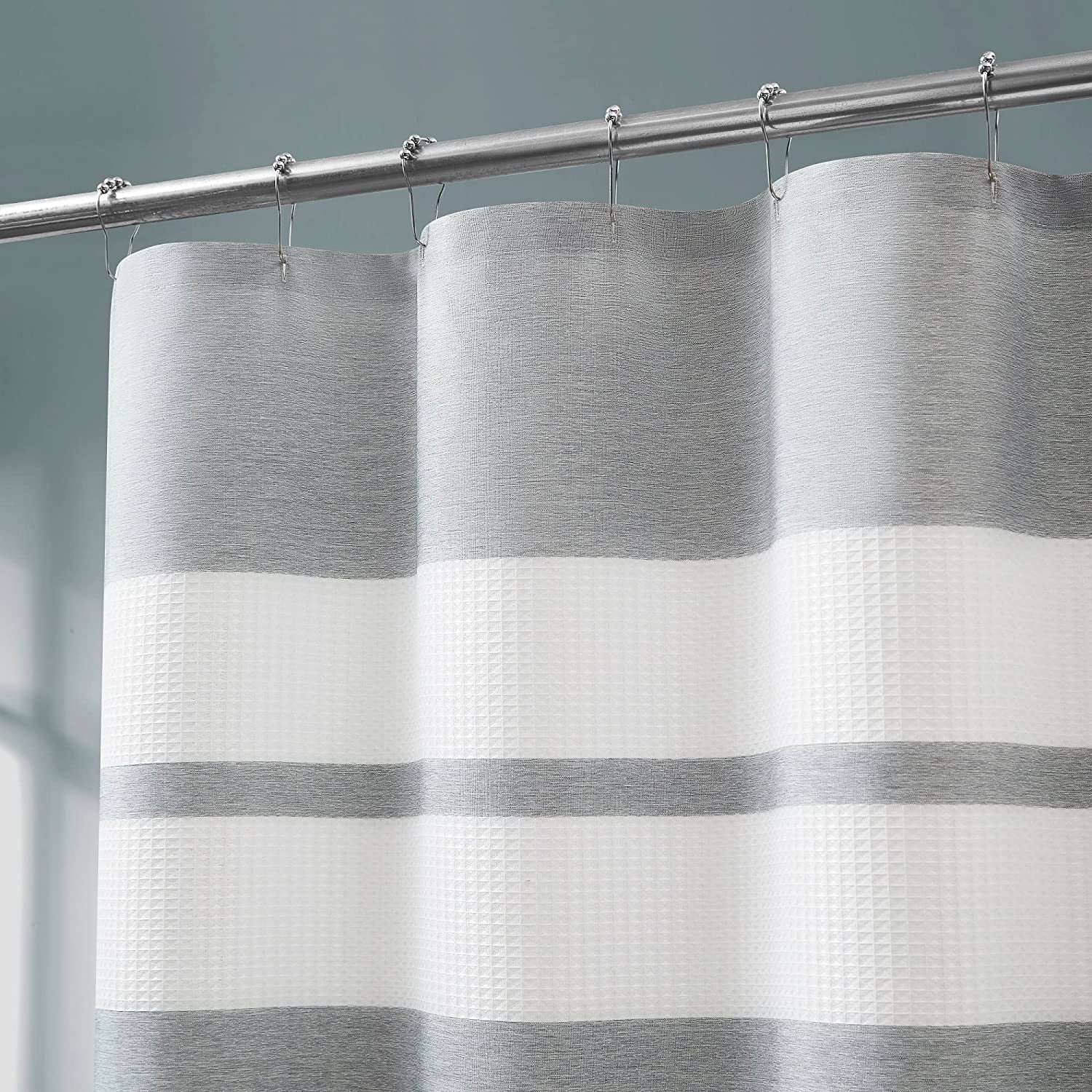 WARM HOME DESIGNS White Waffle Shower Curtain with Grey Stripes