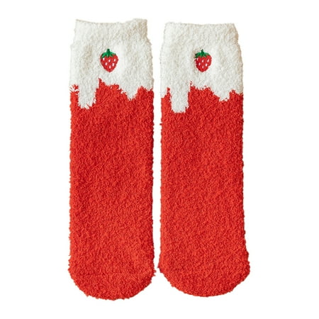 

Women Winter Coral Velvet Fuzzy Slipper Socks Fruit Embroidery Sleep Hosiery