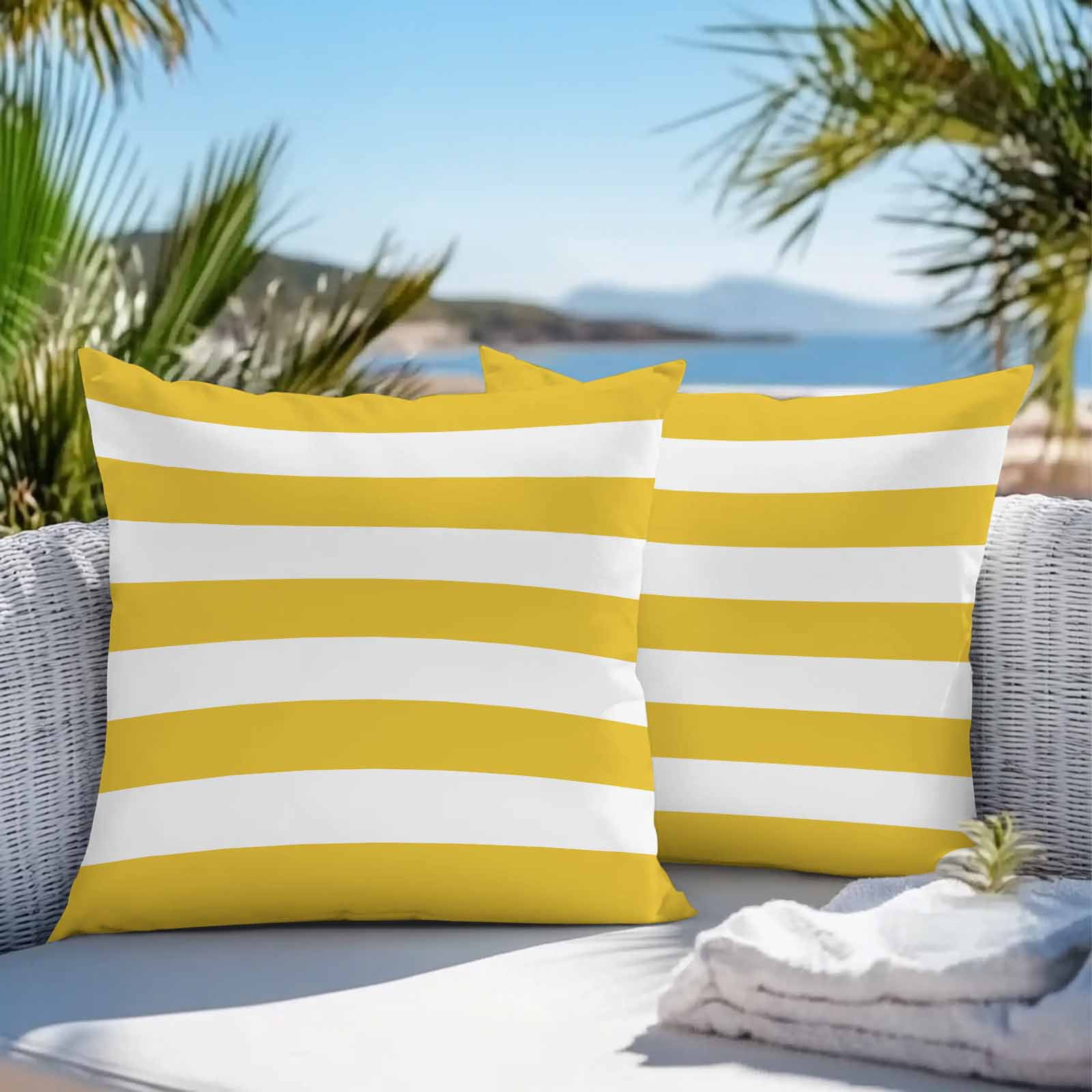 Outdoor Waterproof Throw Pillow Covers Set of 2 Yellow White Stripe Decorative Pillowcases Square Outdoor Pillows Cushion Case 18x18 Inch Simple Style Striped Patio Pillows for Couch Sofa Bed Garden