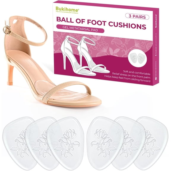 Bukihome 3-Pair Ball-of-Foot Cushions for High Heels Sandals Women - Soft Gel Metatarsal Pads for Forefoot Pain Relief, Invisible Shoe Inserts Non-Slip Prevent Foot Sliding Forward (Clear)