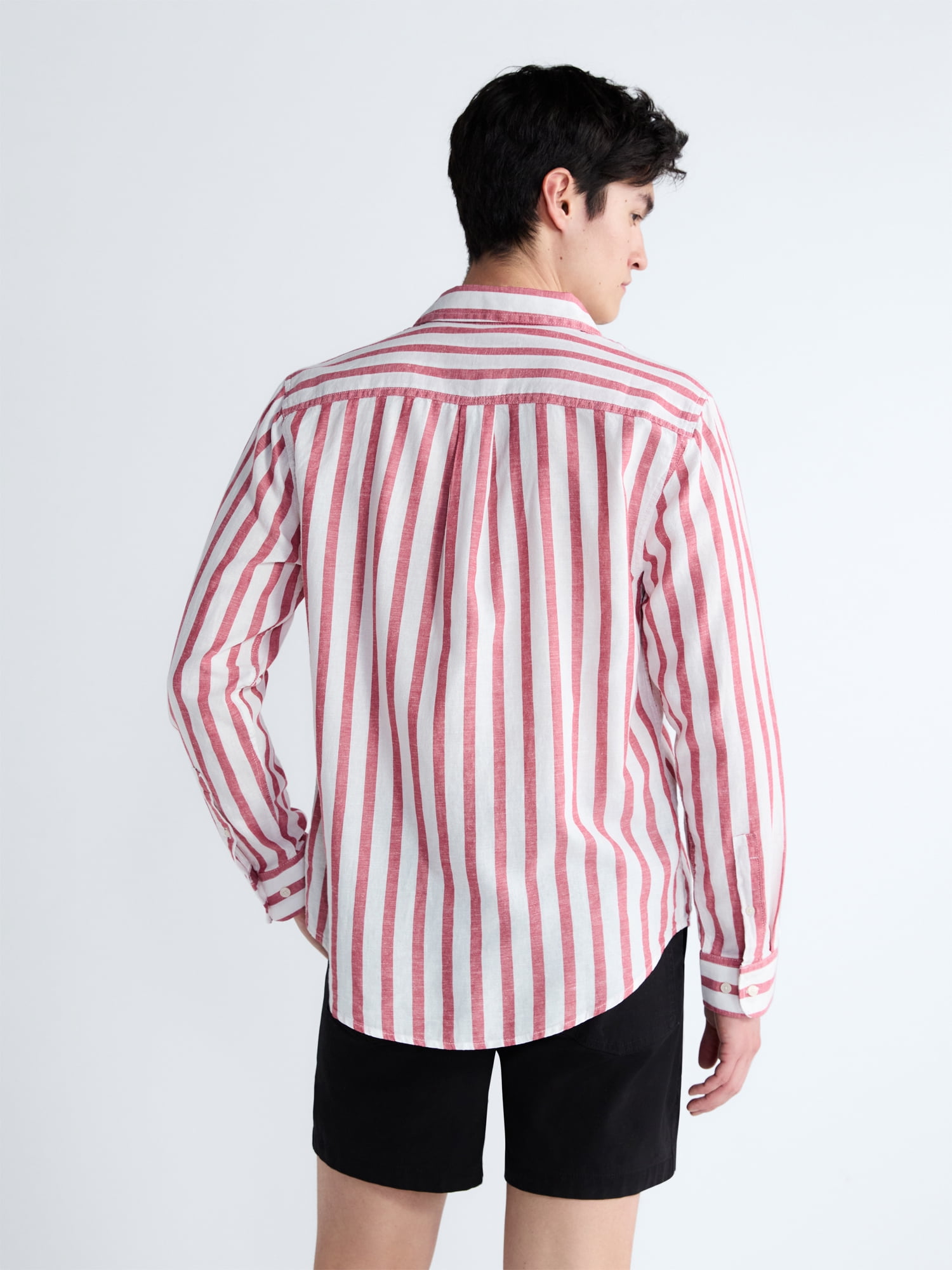 Free Assembly Men's Striped Linen Blend Button Front Shirt with Long Sleeves, Sizes XS-3XL