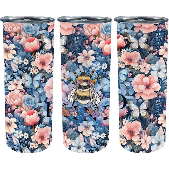 Buzzing Bee Floral 20oz Skinny Tumbler with Lid and Straws, Be Kind Inspirational Travel Tumbler Cups, Birthday Gift For Friend, Sister, Mom, Grandma, Daughter, Co-worker