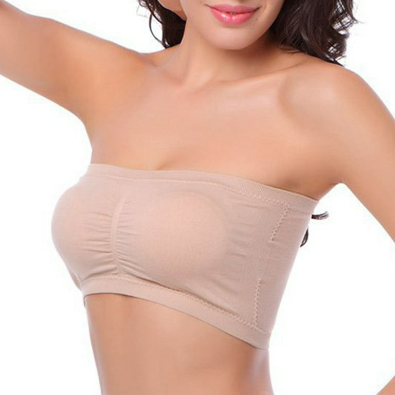Grofry Women Solid Color Padded Tube Top Bandeau Strapless Bra Brassiere  Chest Wrap Skin Colour XL
