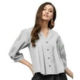 thumbnail image 1 of eloria Women's Top V Neck Full Sleeve Pleated Button Down Cotton T-Shirt, Color: Light Grey | Size: M, 1 of 6