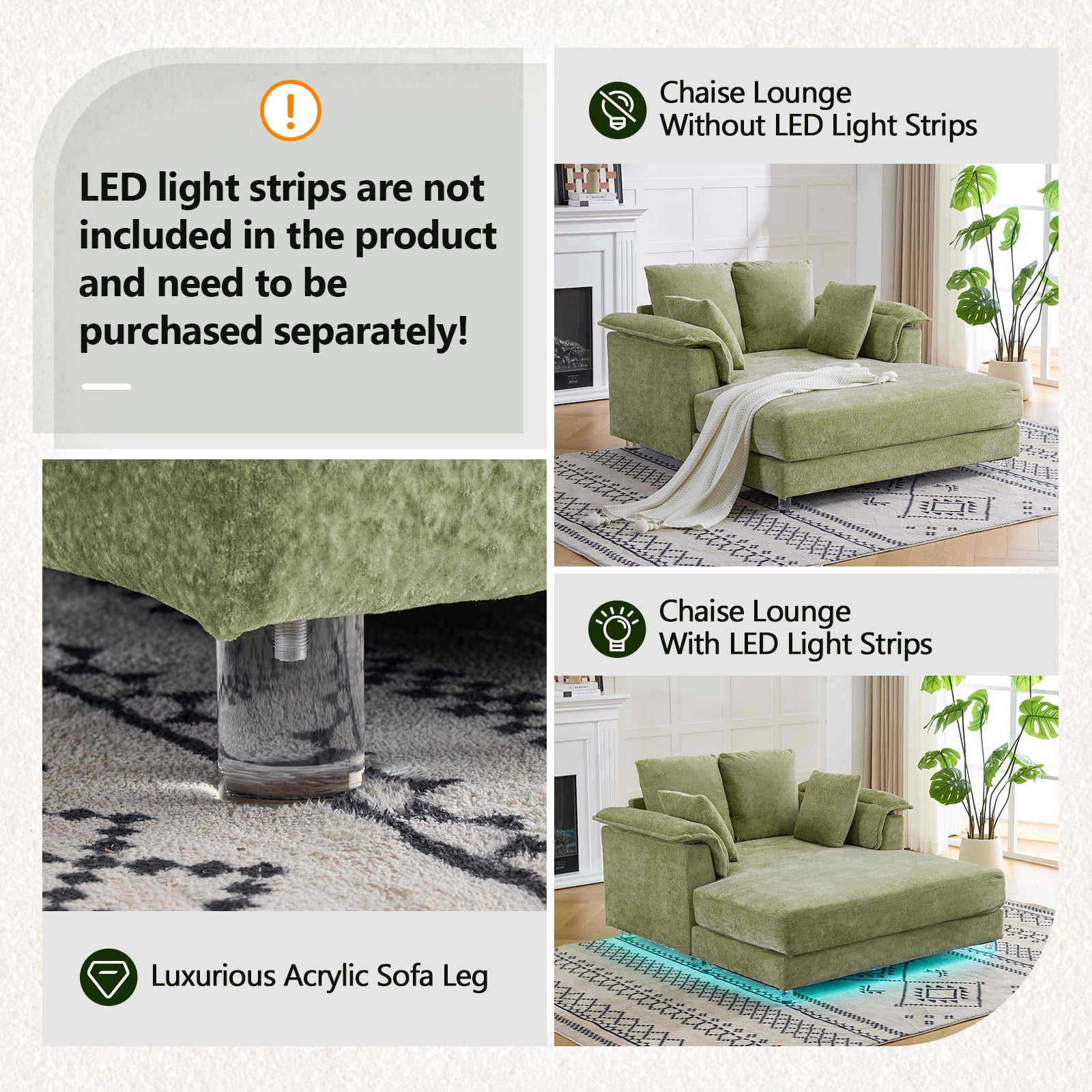 Ktaxon Jacquard Plush Fabric Chaise Lounge, Sofa Bed with Acrylic Legs, Floating Sleeper with Pillow Armrest, 2-Person Seating for Living Room & Game Room Green