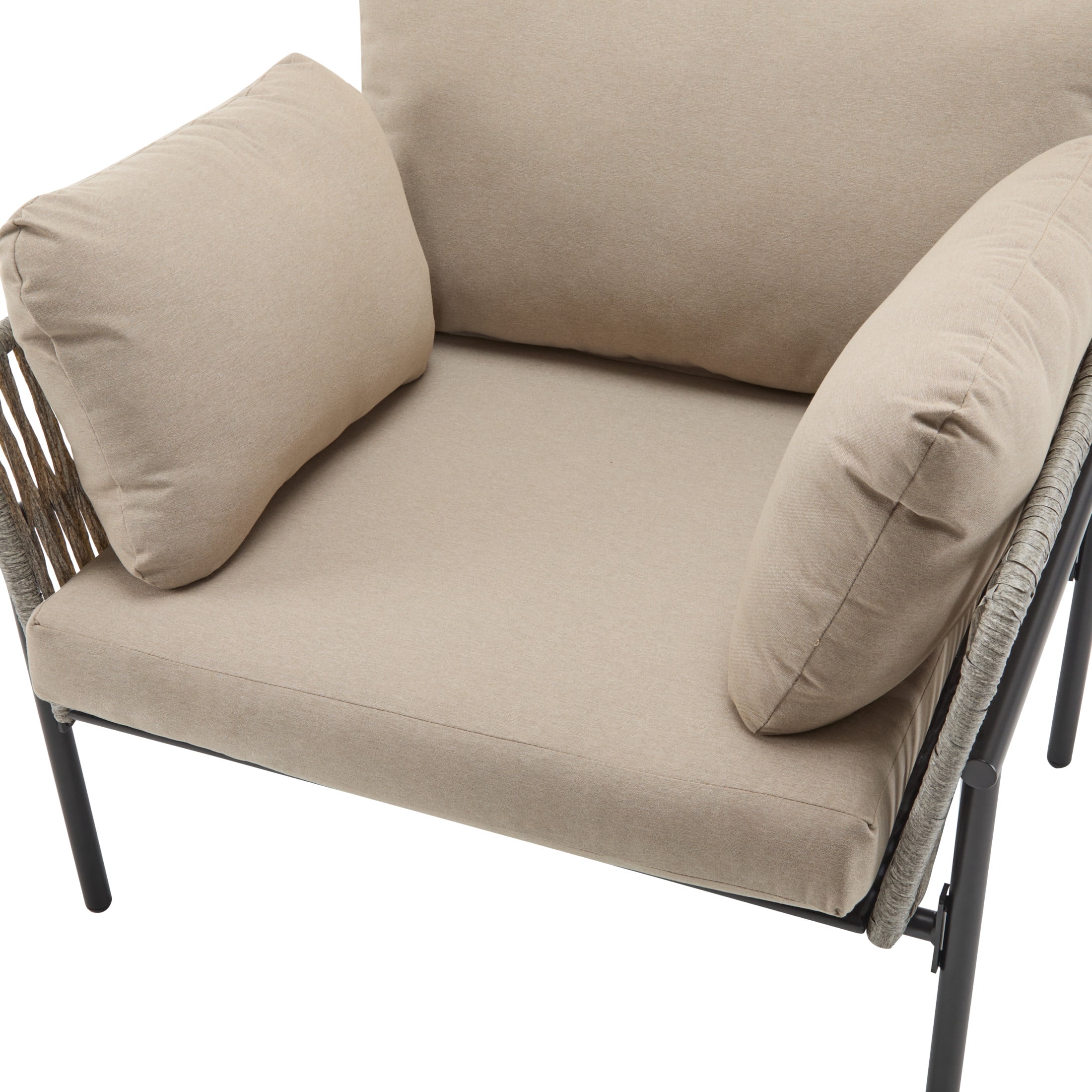 Ryder Modern Outdoor Patio Lounge Chair with Cushions, Rope Accents, Iron Frame, Grey+Beige