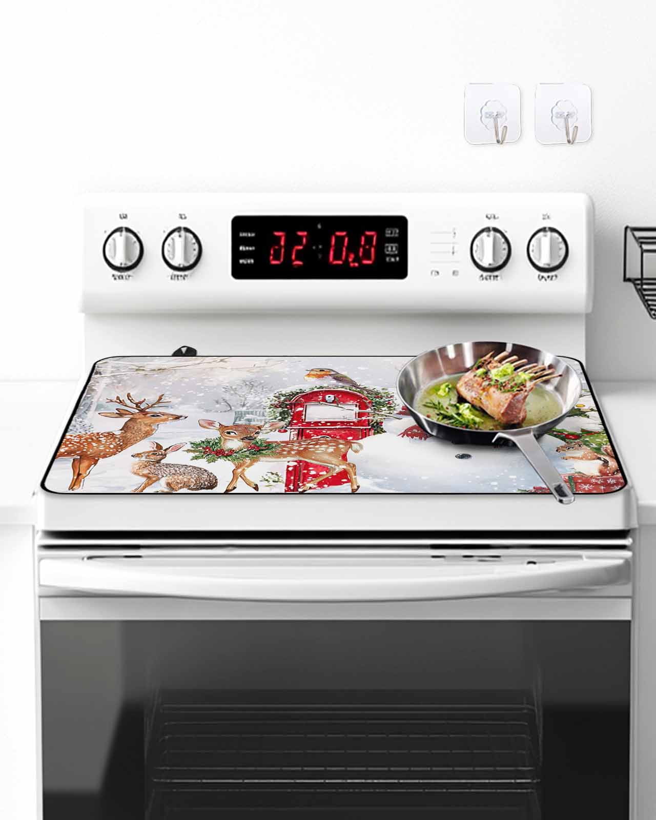 Christmas Xmas Stove Top Covers for Electric Stove, 28'x20'' Tree Snowman Deer Bird Red Balls Glass Ceramic Stove Cover Foldable Rubber Mat Heat Resistant Cooktop Protector for Kitchen