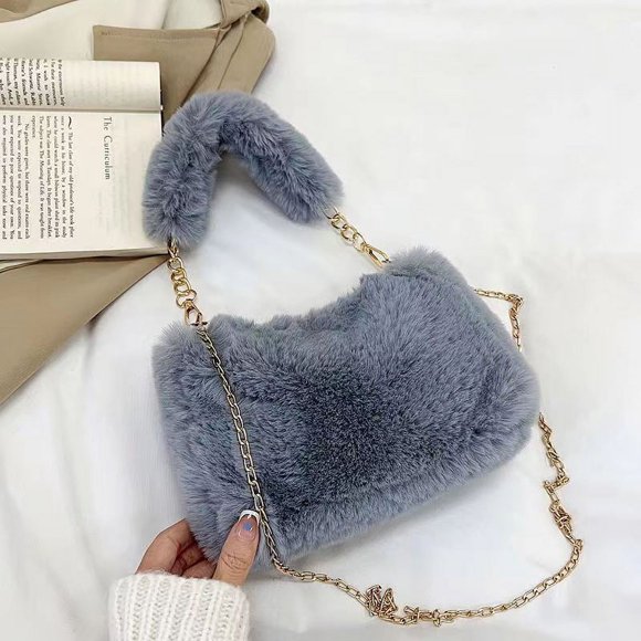 Sac à Main en Peluche d'Hiver Sac à Bandoulière Polyvalent Moelleux Sac à Chaîne Mignon Mode Femmes Filles Petit Sac à Main Carré