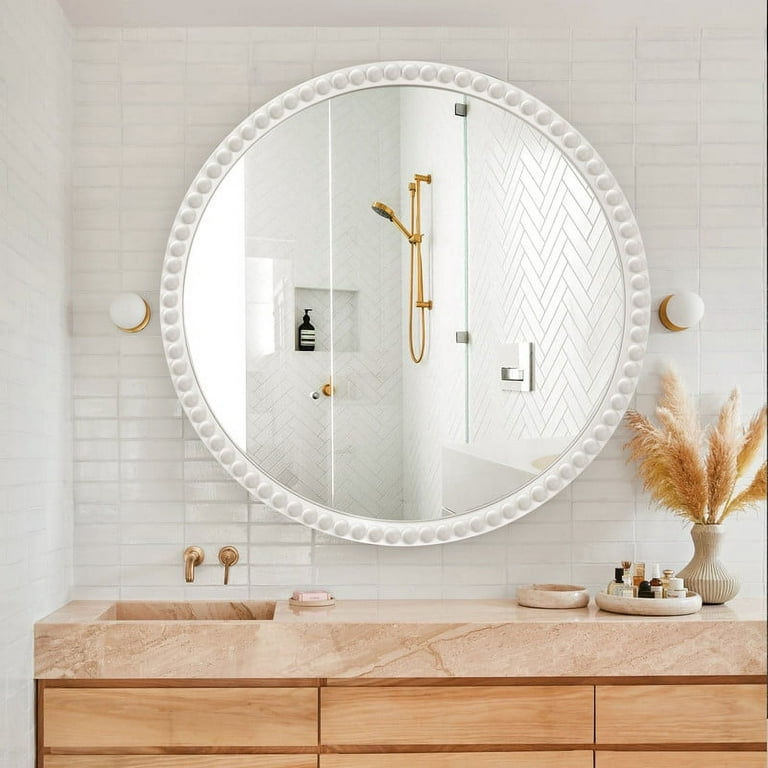 Round Mirrors 30 Inch,Wood Vanity Wall Rustic Mirror with Walnut Frame,  Wooden Circle Tempered Glass Mirror for Bathroom Bedroom Living Room Or