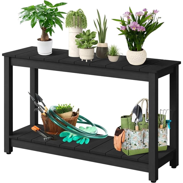YUSAZENS 48 Inch 2-Shelf Console Table, Indoor Outdoor Wooden Storage Entryway Side Table Black