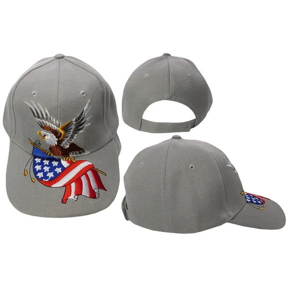 USA American Wavy Flag Bald Eagle Light Gray Grey Embroidered Adjustable Hat Cap