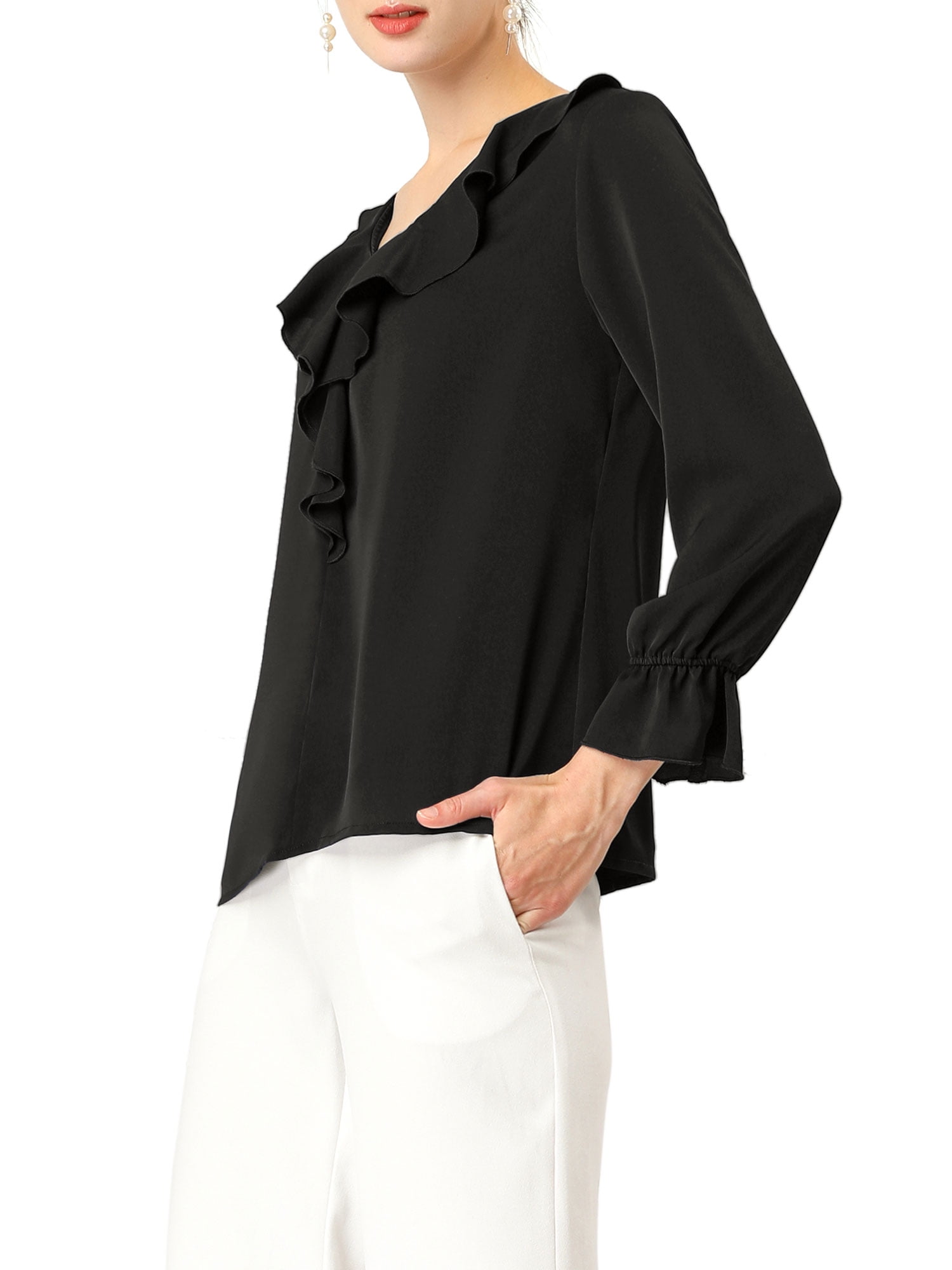 DARING DIVA Women's Ruffle V Neck Chiffon Peasant Blouse S Black