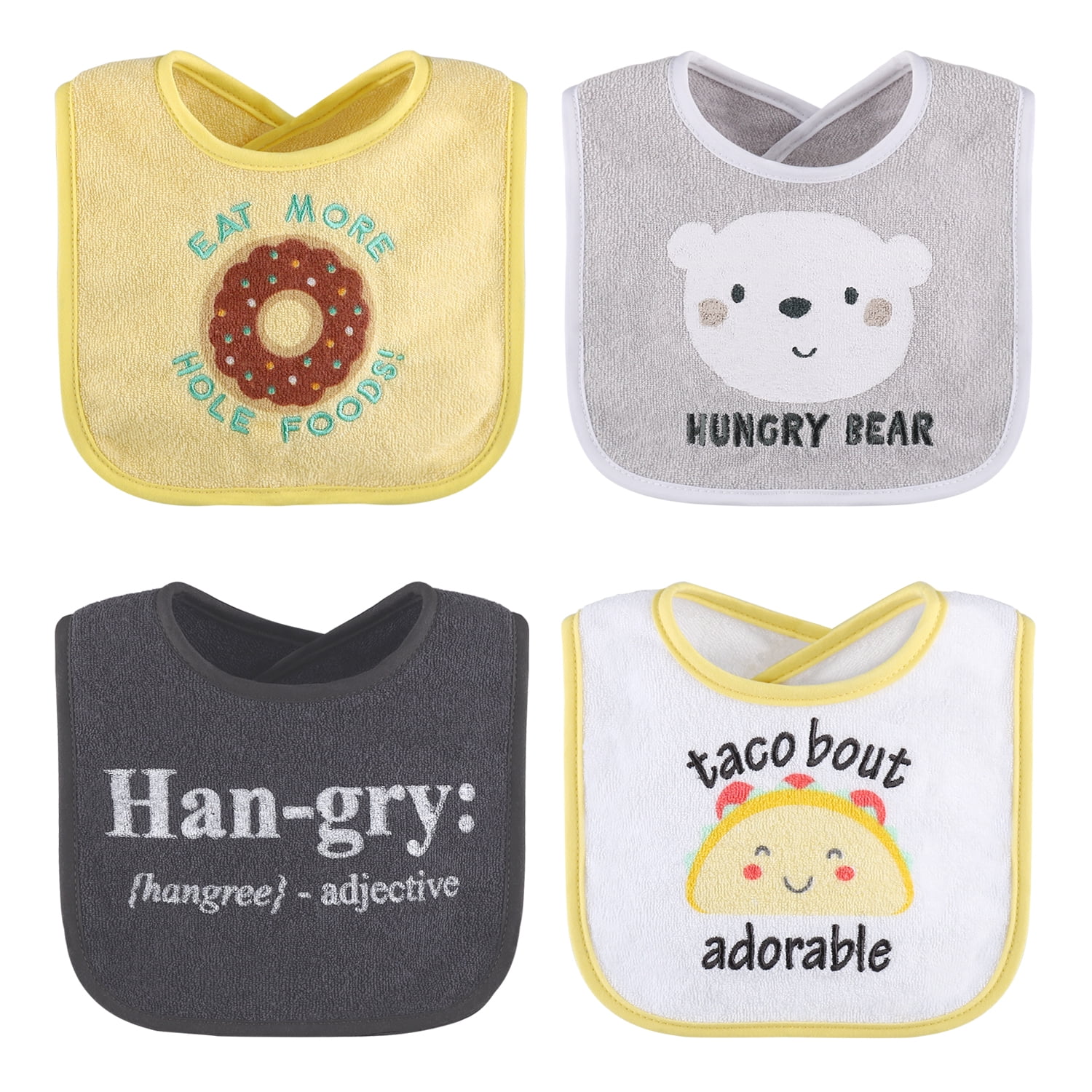 The Peanutshell Unisex Terry Bibs, 18 Pack for Feeding, Teething, or Drooling, Neutral Foods/Hello Sunshine