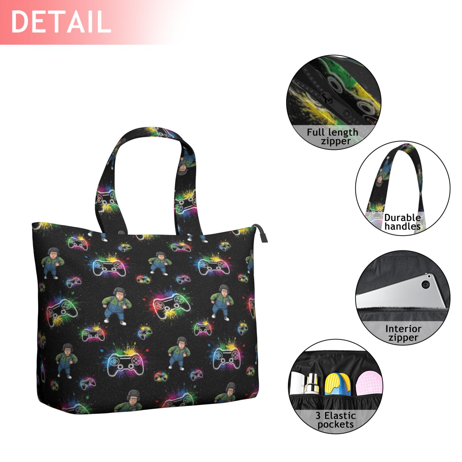 Multicolor Controllers Games Characters Black Pattern Travel Tote Bags for Women Carry On,Large Weekender Bags for Women Travel,Multi Functional Duffle Bag for Work,Shopping,Sports