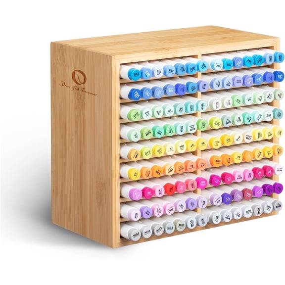 Ohuhu Bamboo Marker Organizer, Holds 126 Markers or Brushes, 18-Compartment Desktop Holder for Home