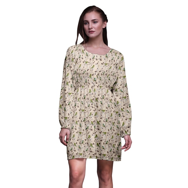 Bimba Robe Midi à Manches Longues pour Femmes, Coupe Décontractée, Imprimé Feuilles Blanches et Oiseau Flowerpecker, TG