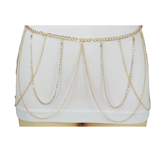 Women Gold Metal Chain Waves High Waisted Belt Silver Bling S M