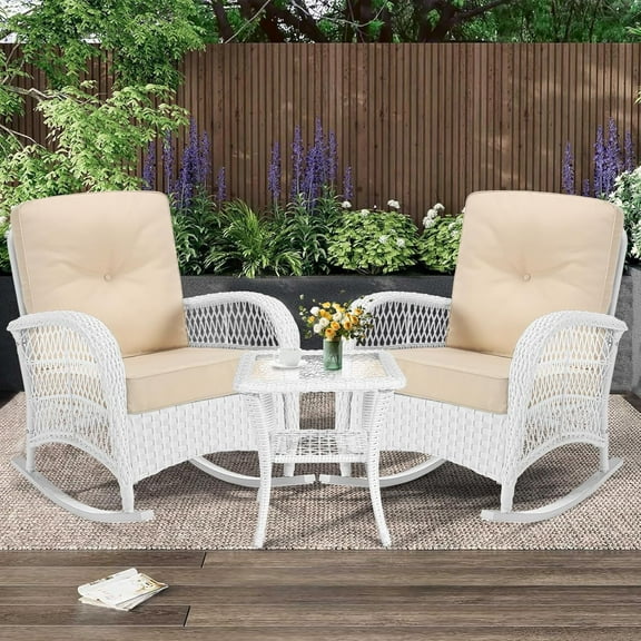 MEETWARM 3 Pieces Patio Conversation Set, Rattan Outdoor Rocking Patio Bistro Set with 2 Rockers and 1 Side Table with 4" Thick Cushions, Outdoor Furniture Set for Porch Backyard, White Wicker/Beige