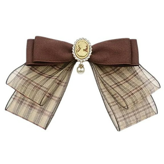 Womens Vintage Brown Plaids Ribbon Bowtie Brooch Pin Student Uniform Shirt Jabot Collar Pre Tied Bowknot Necktie Clip