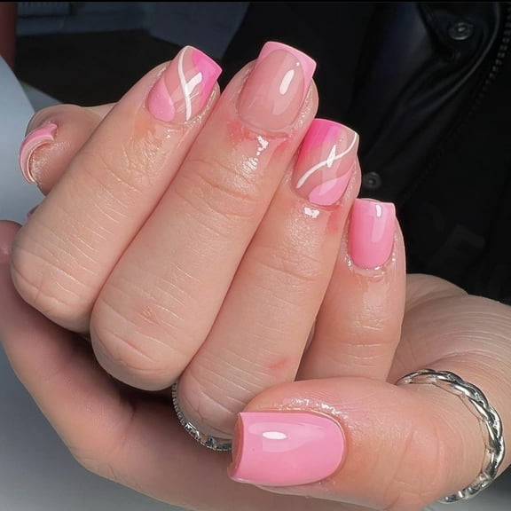 Short French Press on Nails With Design,Hot Pink Square Shape Colorful Swirls French Tips Fake Nails,Glossy Gel Nails Press on,Full Cover Reusable Glue on Nails for Women Girls in 24 PCS