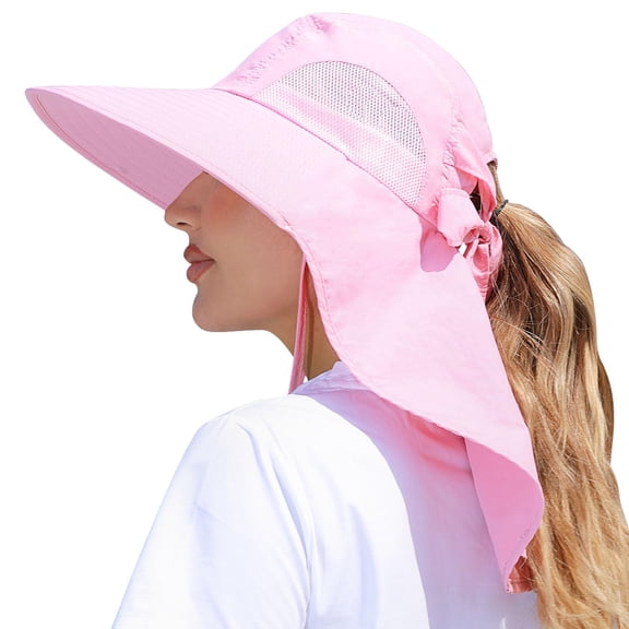 Minzimin Womens /Man Sun Hat Outdoor UV Protection Wide Brim Fishing Hat with Ponytail Hole Neck Flap for Beach Hiking Camping