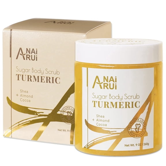 ANAiRUi Turmeric Body Scrub Exfoliator, Sugar Scrub for Exfoliating, Smoothing, Hydrating Skin, Face & Body Scrub with Turmeric, Face Body Hand and Foot Scrub, Moisturizing Body SkinCare, 9 OZ