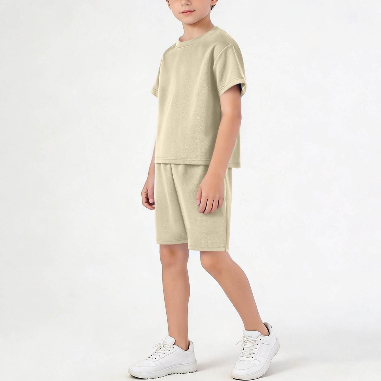 Amidoa Boys Summer Athletic 2 Piece Outfits Solid Color Performance Short Sleeve and Active Casual Short Kids Clothing Set Beige Size 7
