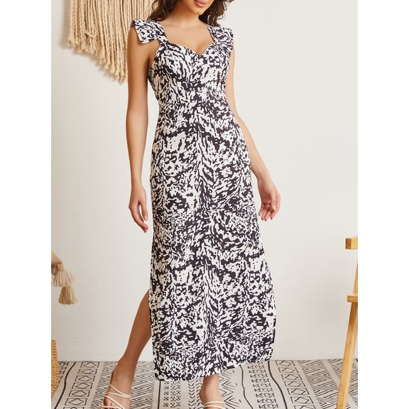 OYYN Women's Black White Abstract Print Ruffle Strap Sweetheart Neck Maxi Dress Side Slit Bodycon Gown for Date Night & Party