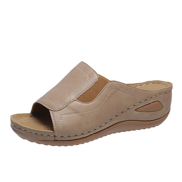 asddcavvf Ladies Fashion Solid Color Leather Open Toe Wedge Heel Platform Casual Sandals