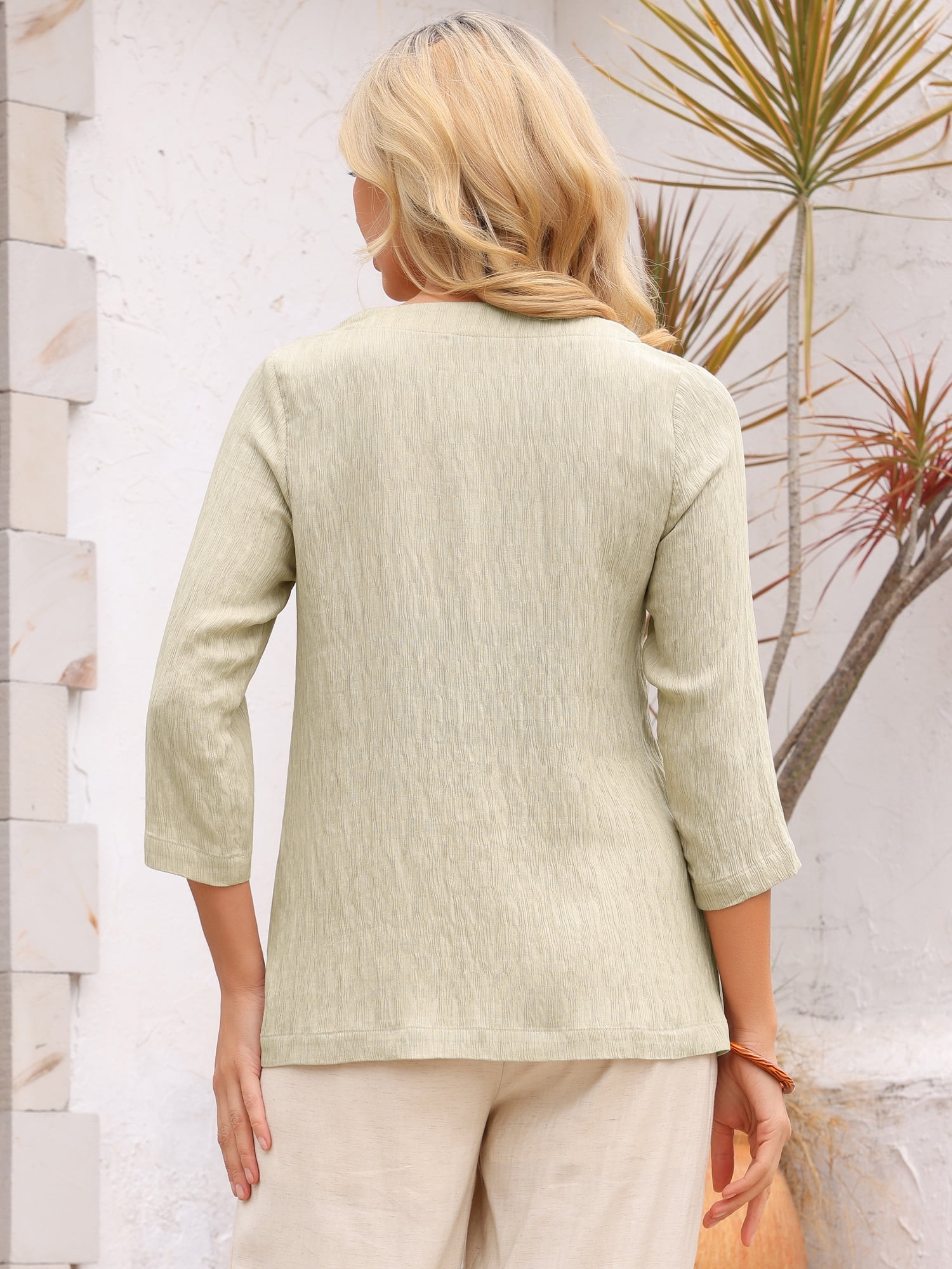 DARING DIVA Women's 3/4 Sleeve Trendy Business Blouse Crewneck Textured Top S Beige